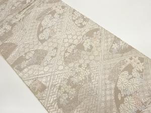 格子に扇・草花模様織出し袋帯